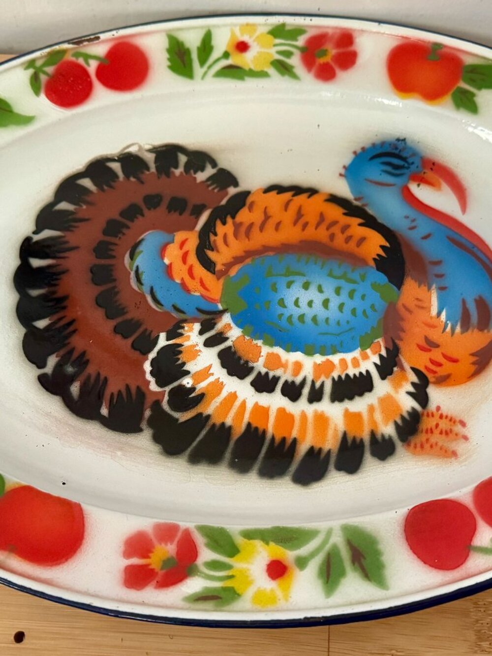 Vintage Turkey Oval Enamel Painted Platter 13 in x 17 1/2 in